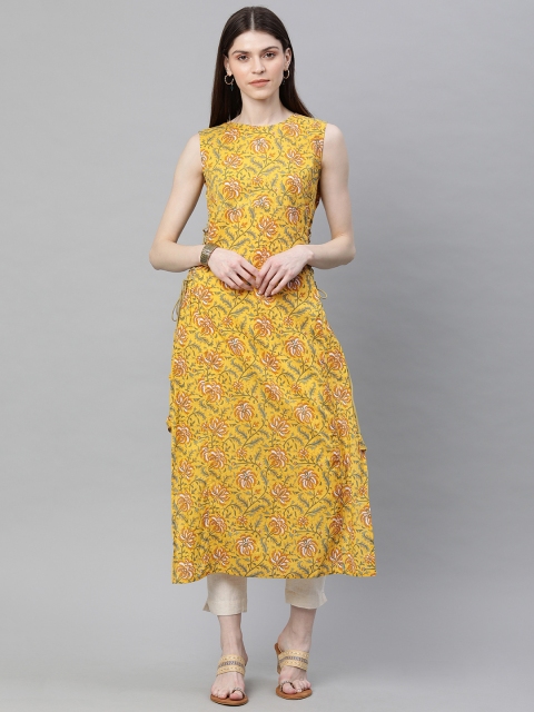 

AKS Women Mustard Yellow Floral Printed Straight Kurta