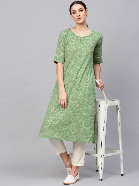 

AKS Women Green & Beige Printed Straight Kurta