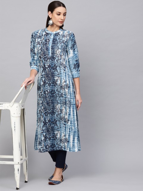 

AKS Women Blue & White Printed Straight Kurta