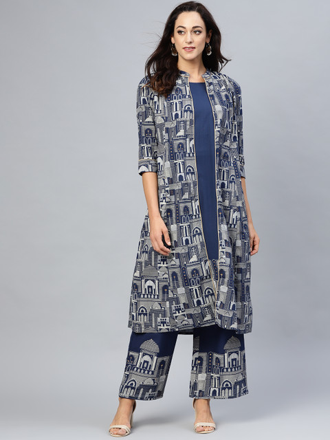 

AKS Women Navy Blue & Off-White Quirky Khari Print Layered A-Line Kurta