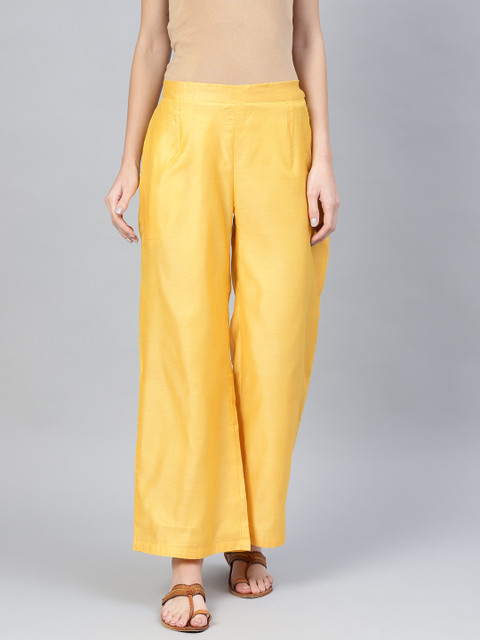 

AKS Women Yellow Solid Chanderi Straight Palazzos