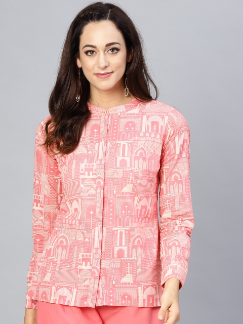 

AKS Women Pink & Off-White Regular Fit Printed Casual Shirt