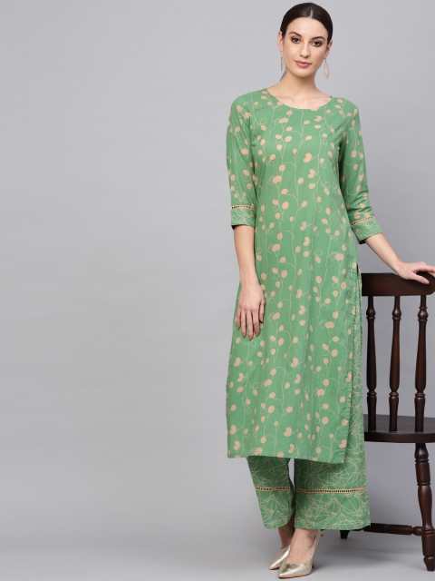 

AKS Women Green & Beige Printed Kurta with Palazzos