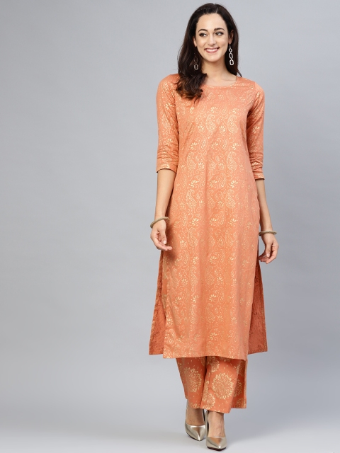 

AKS Women Peach-Coloured & Golden Printed Kurta with Palazzos