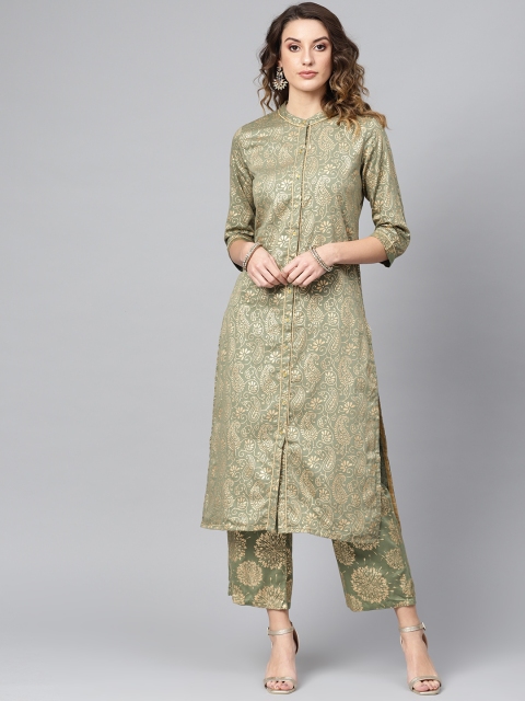 

AKS Women Olive Green & Golden Block Print Kurta with Palazzos