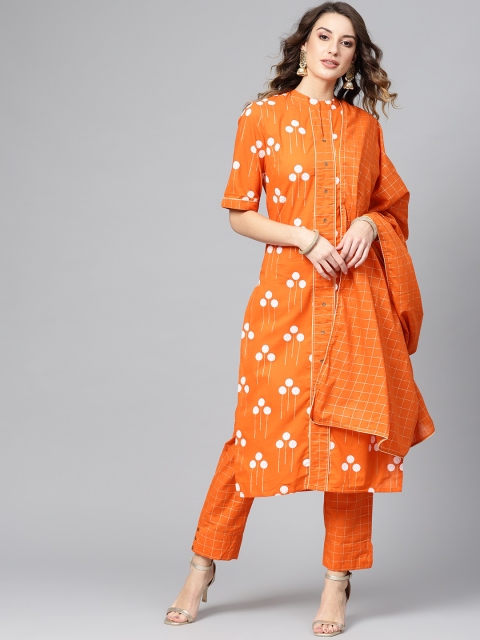 

AKS Women Orange & White Block Printed Kurta with Trousers & Dupatta