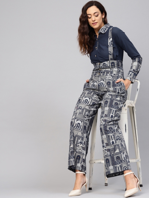 

AKS Women Navy Blue & Off-White Printed Shirt with Dungarees