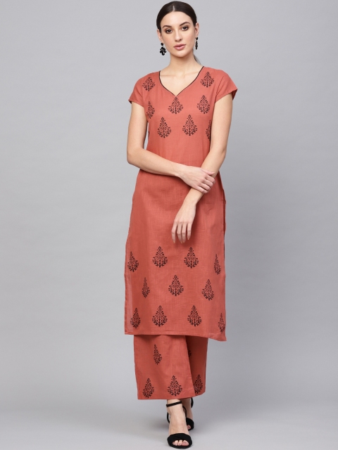 

AKS Women Rust Brown & Black Block Print Kurta with Palazzos