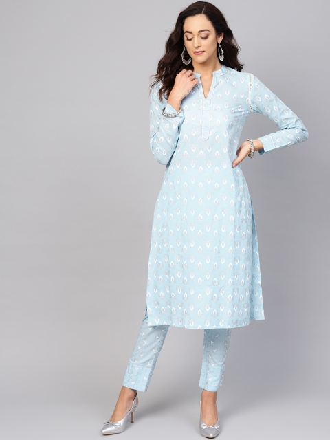 

AKS Women Blue & White Khari Print Kurta with Trousers