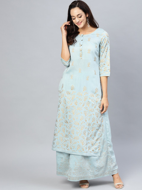 

AKS Women Blue & Golden Block Print Kurta with Skirt