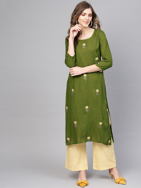 

AKS Women Green & Yellow Embroidered Kurta with Palazzos