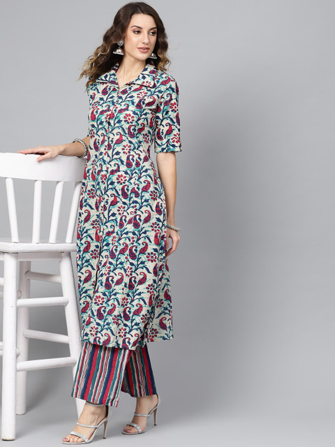 

AKS Women Off-White & Blue Printed Kurta with Palazzos