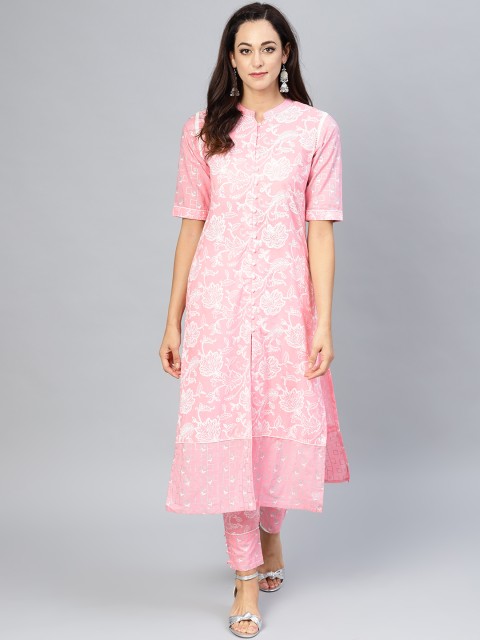 

AKS Women Pink & White Khari Print Kurta with Trousers