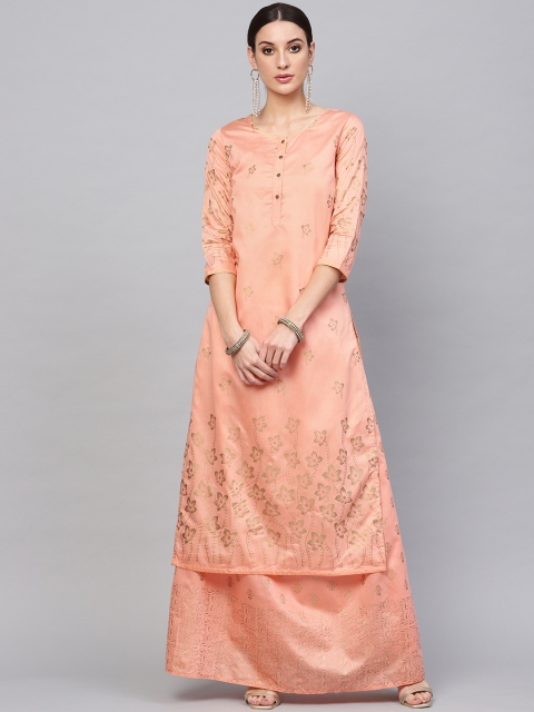 

AKS Women Peach-Coloured & Golden Block Print Kurta with Skirt