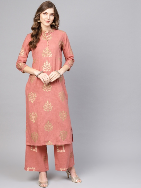 

AKS Women Dusty Pink & Golden Block Printed Kurta with Palazzos