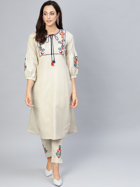 

AKS Women Beige Yoke Design Kurta with Trousers