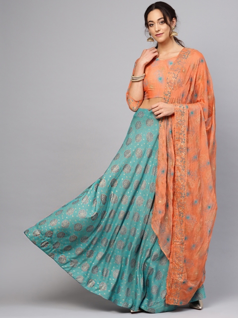 

AKS Blue & Orange Printed Ready to Wear Block Print Lehenga & Blouse with Dupatta