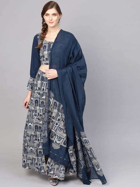 

AKS Navy & Off-White Khari Print Ready to Wear Lehenga & Blouse with Dupatta, Navy blue