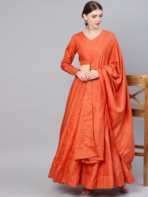 

AKS Rust Orange Woven Design Manipuri Silk Ready to Wear Lehenga & Blouse with Dupatta