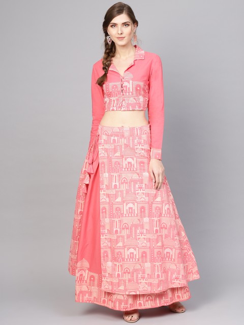 

AKS Pink & Off-white Hawa Mahal Print Ready to Wear Lehenga with Choli