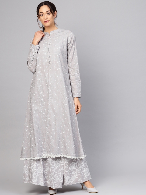 

AKS Grey & White Khari Print Ready to Wear Lehenga with Choli & Longline Ethnic Jacket