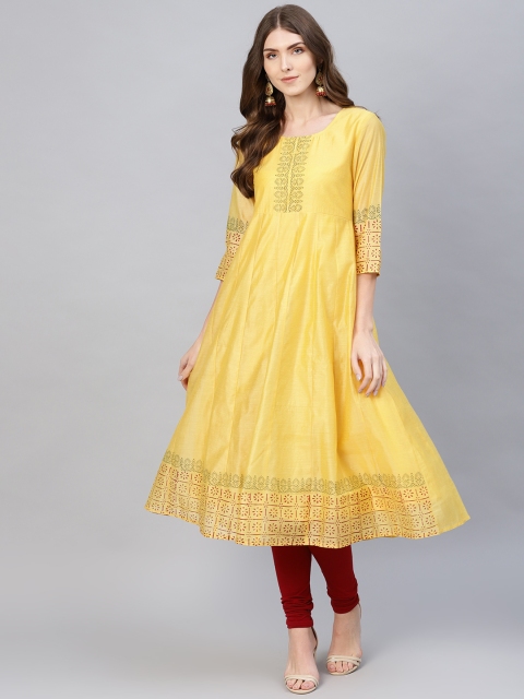 

AKS Women Yellow Block Print A-Line Kurta