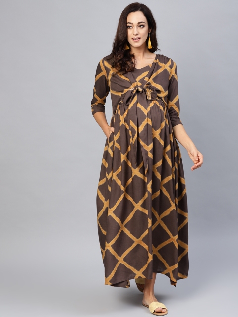 

AKS Women Brown & Mustard Yellow Printed Maternity Maxi Dress