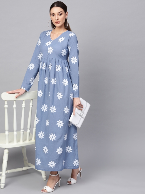 

AKS Women Blue & White Floral Khari Print Maxi Dress