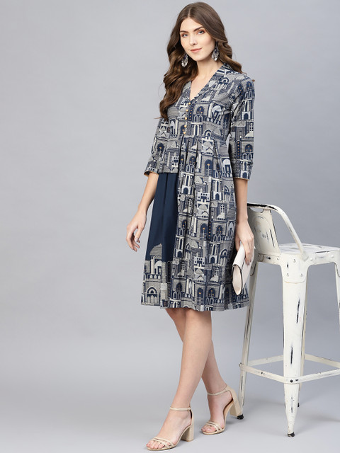 

AKS Women Navy & Off-White Printed Layered A-Line Dress, Navy blue