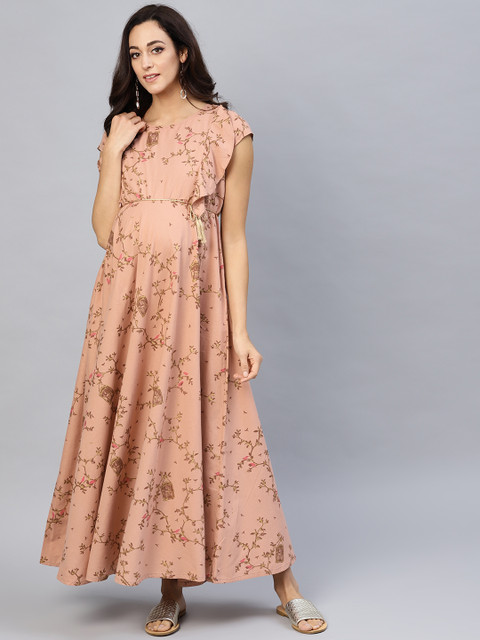 

AKS Women Dusty Pink & Brown Quirky Printed Maternity Maxi Dress