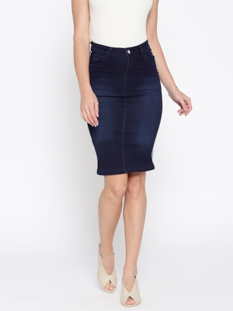 

Purple Feather Women Navy Blue Washed Denim Denim Pencil Skirt