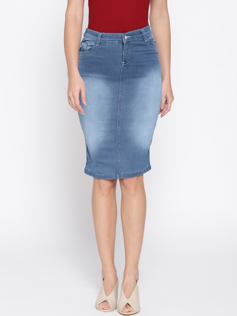 

Purple Feather Women Blue Washed Denim Pencil Skirt