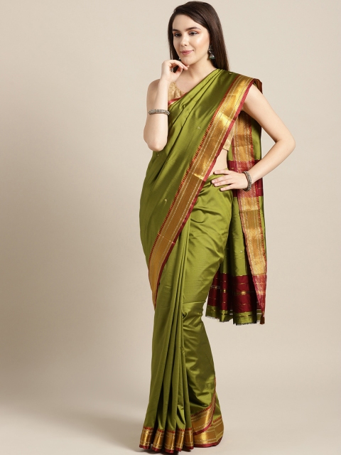 

Ishin Women Olive Green & Golden Woven Design Mysore Silk Saree