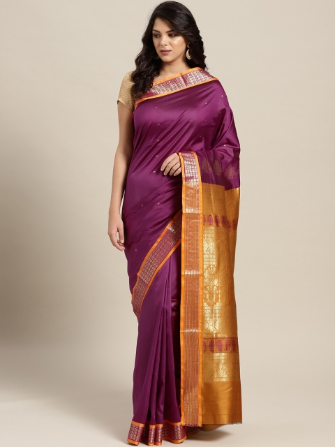 

Ishin Purple & Mustard Yellow Solid Mysore Silk Saree