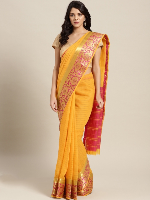 

Ishin Yellow & Pink Striped Mangalagiri Saree