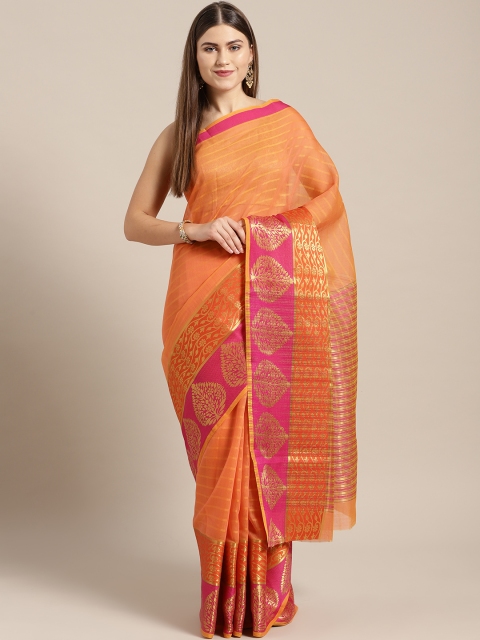 

Ishin Women Orange Striped Mangalagiri Saree