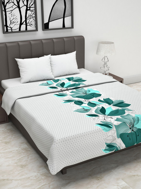 

Divine Casa Off-White & Turquoise Blue Floral AC Room 110 GSM Double Bed Dohar