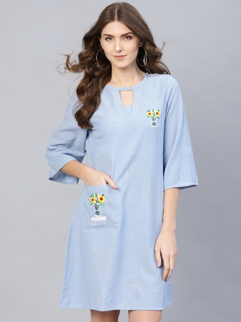 

AKS Women Blue Solid A-Line Dress With Floral Embroidered Detail