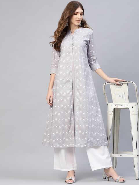 

AKS Women Grey & White Khari Print Layered A-Line Kurta