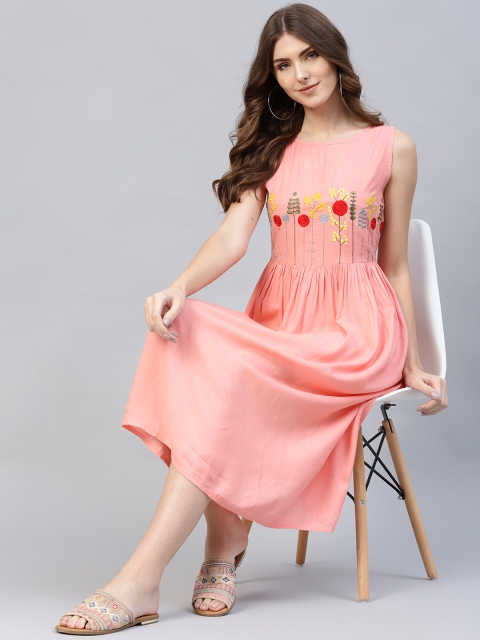 

AKS Women Peach-Coloured Solid A-Line Dress