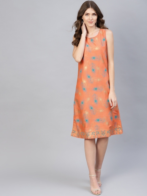 

AKS Women Orange & Teal Green Printed A-Line Dress
