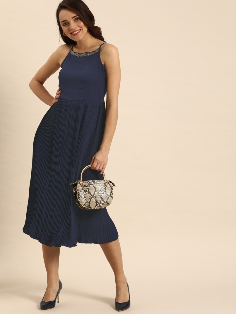 DressBerry Women Navy Blue Solid Accordion Pleated Fit and Flare Dress With Embellishment
