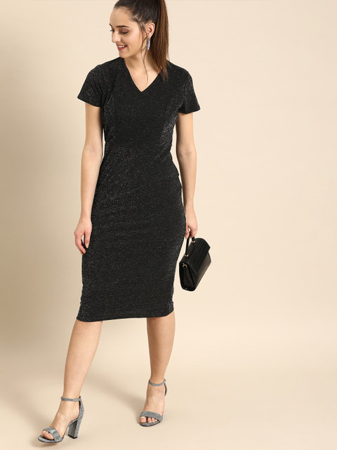 

DressBerry Women Self Design Black Shimmery Sheath Dress
