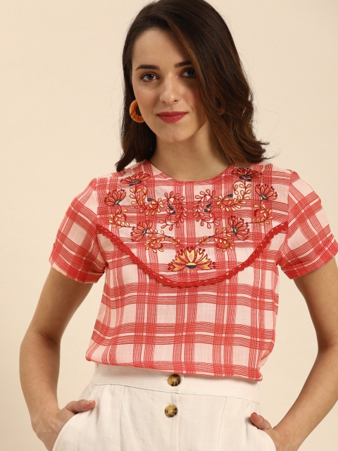 

DressBerry Women Red & Off White Checked Top With Embroidered Detailing