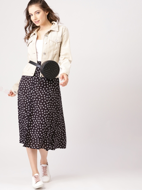 Black & Off White Floral Printed Midi A-Line Skirt