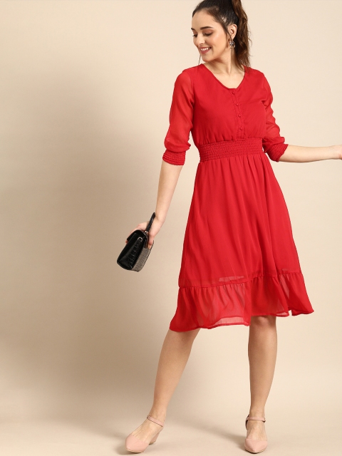 

DressBerry Women Red Solid Fit and Flare Dress with Smocking Detail
