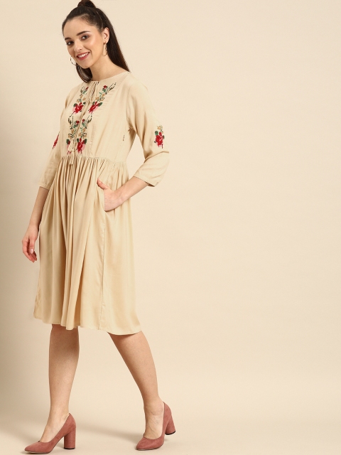 

DressBerry Women Beige & Pink Floral Embroidered Fit and Flare Dress