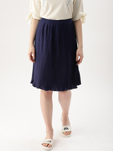 

DressBerry Navy Blue Solid Accordian Pleated A-Line Skirt