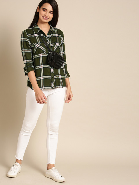 

DressBerry Women Olive Green & White Regular Fit Checked Casual Shirt