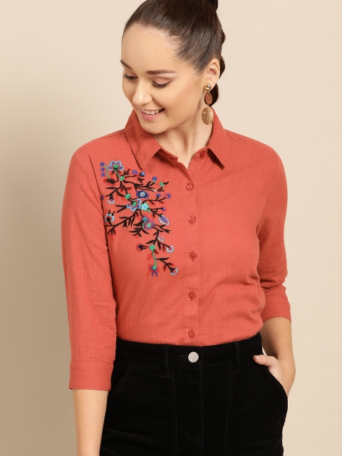 

DressBerry Women Rust Orange Embroidered Detail Casual Shirt